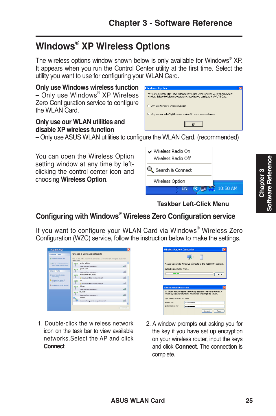 Windows, Xp wireless options, Chapter  - software reference | Configuring with windows, Wireless zero configuration service | Asus WL-100W User Manual | Page 25 / 38