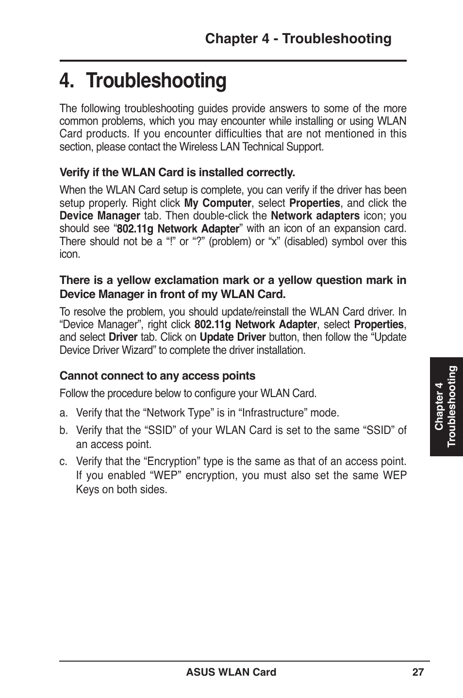 Troubleshooting, Chapter  - troubleshooting | Asus WL-100W User Manual | Page 27 / 38