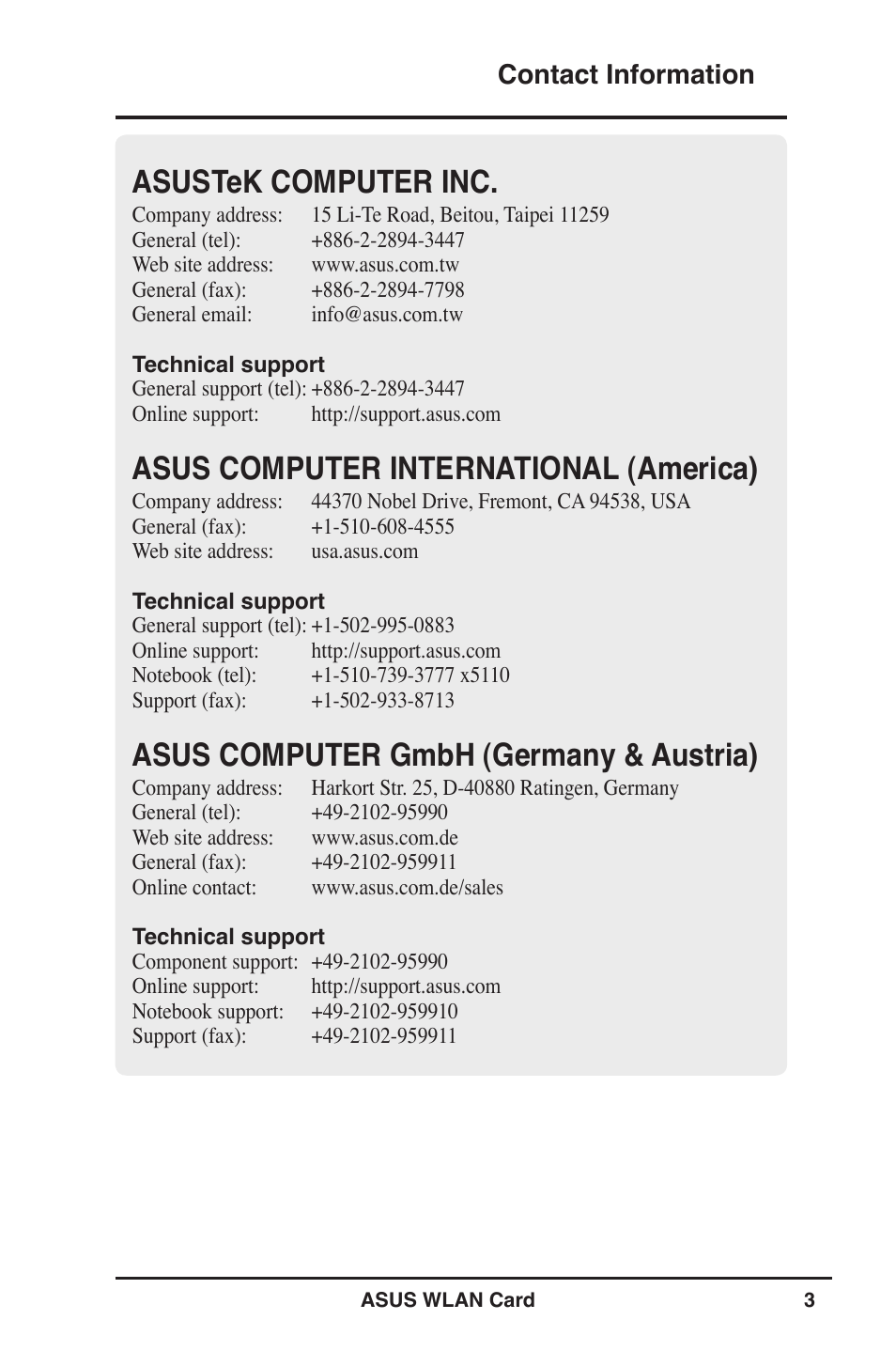 Asustek computer inc, Asus computer international (america), Asus computer gmbh (germany & austria) | Contact information | Asus WL-100W User Manual | Page 3 / 38