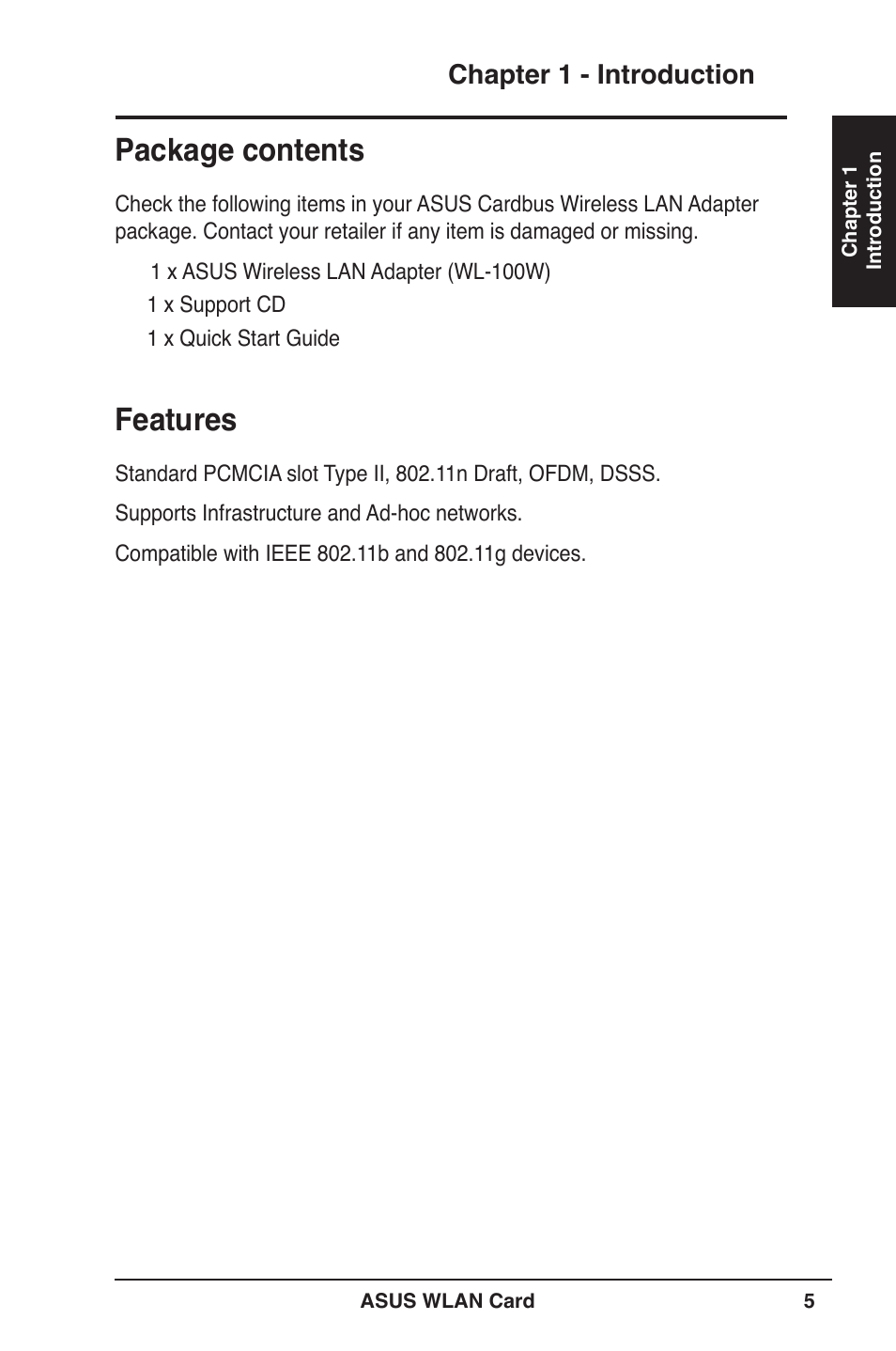 Package contents, Features | Asus WL-100W User Manual | Page 5 / 38