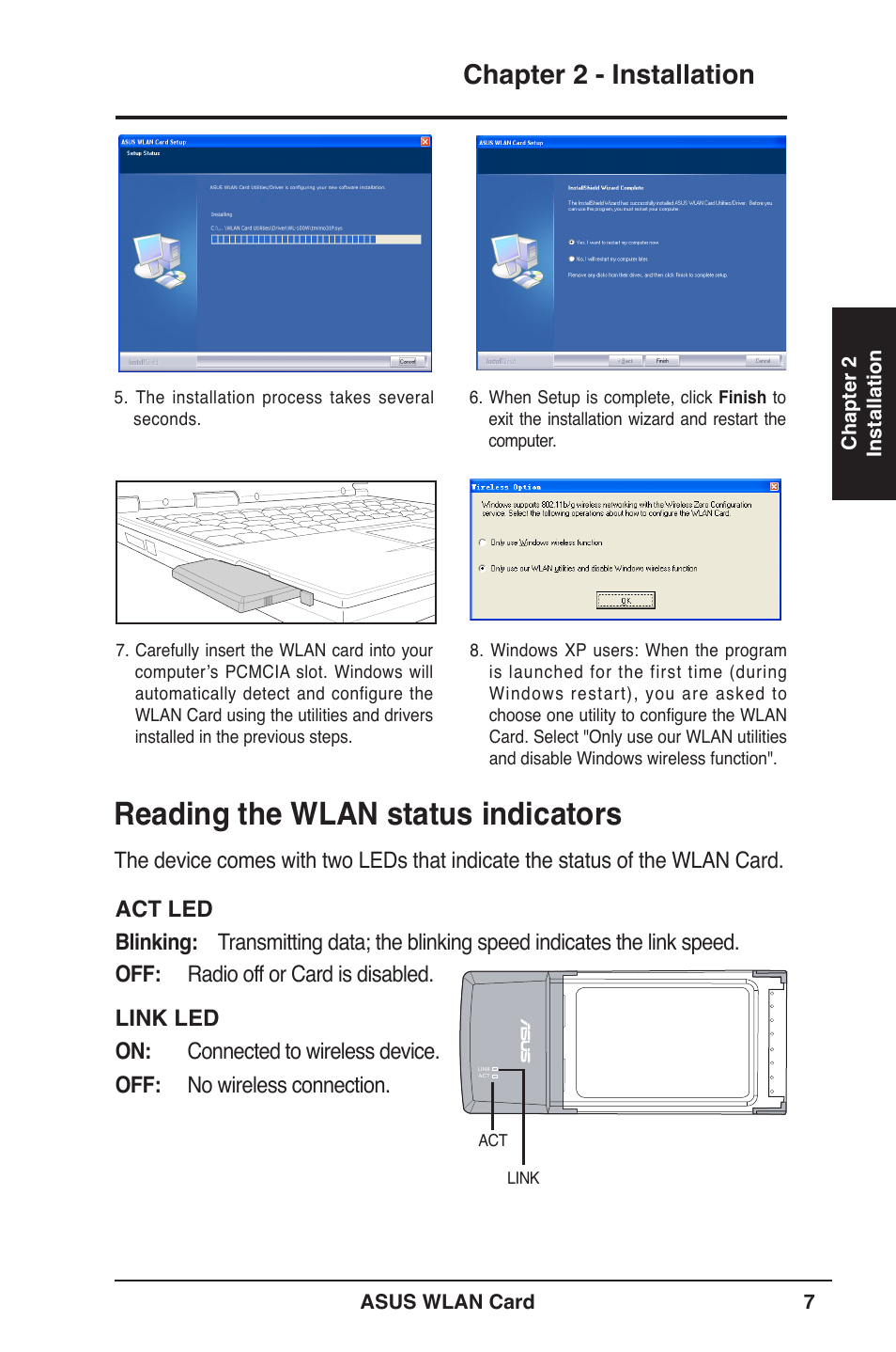 Reading the wlan status indicators, Chapter 2 - installation | Asus WL-100W User Manual | Page 7 / 38