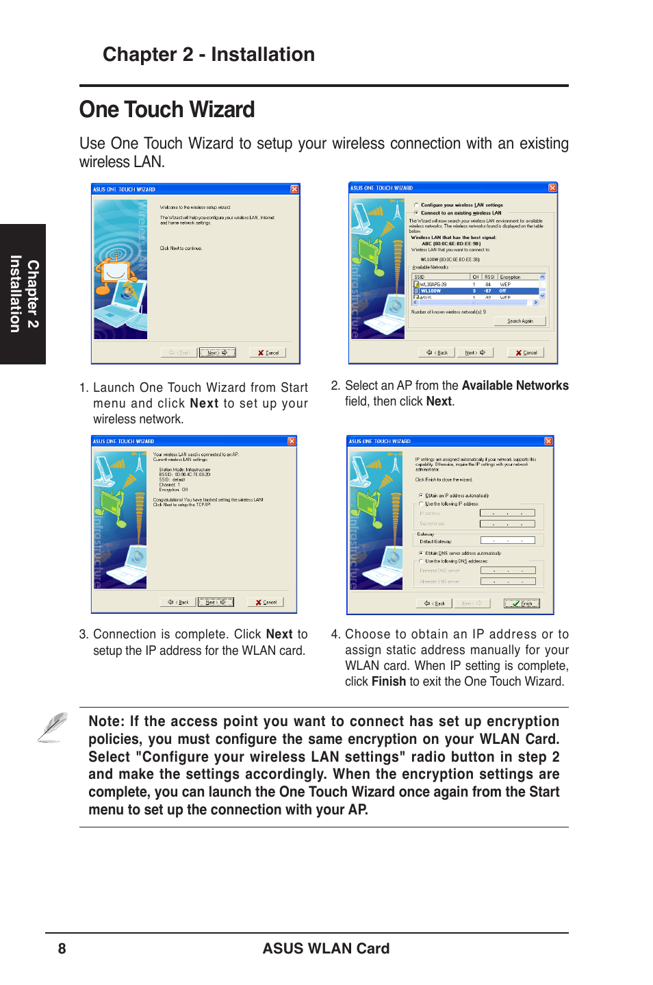 One touch wizard, Chapter 2 - installation | Asus WL-100W User Manual | Page 8 / 38