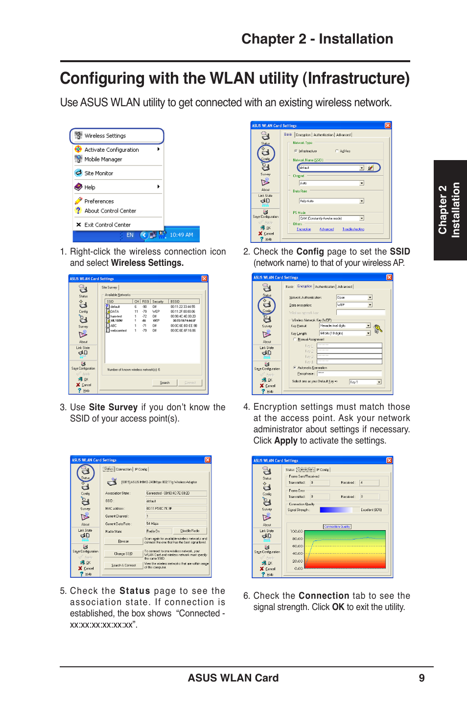 Configuring with the wlan utility (infrastructure), Chapter 2 - installation | Asus WL-100W User Manual | Page 9 / 38