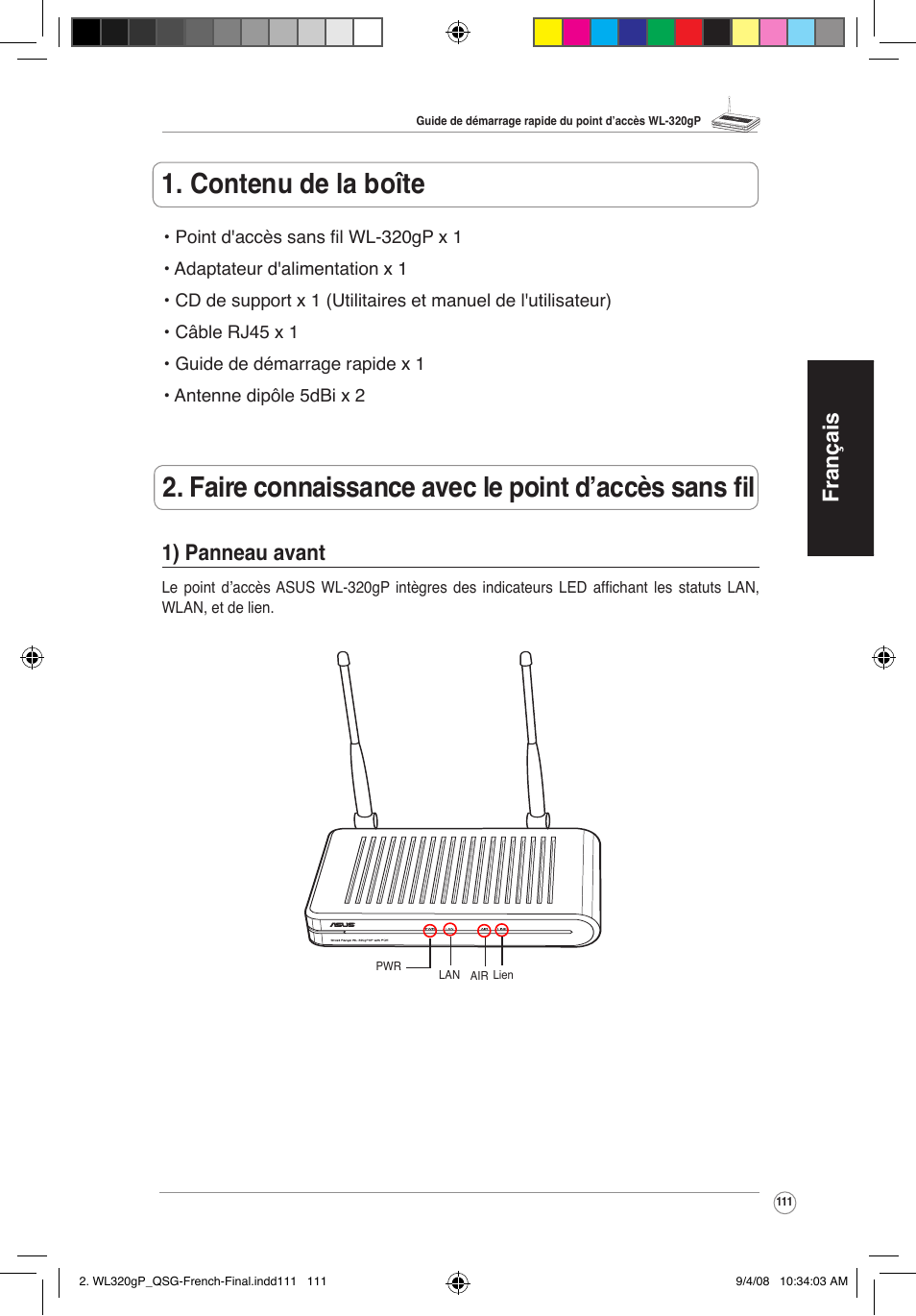 Français, Français 1) panneau avant | Asus WL-320gP User Manual | Page 112 / 379