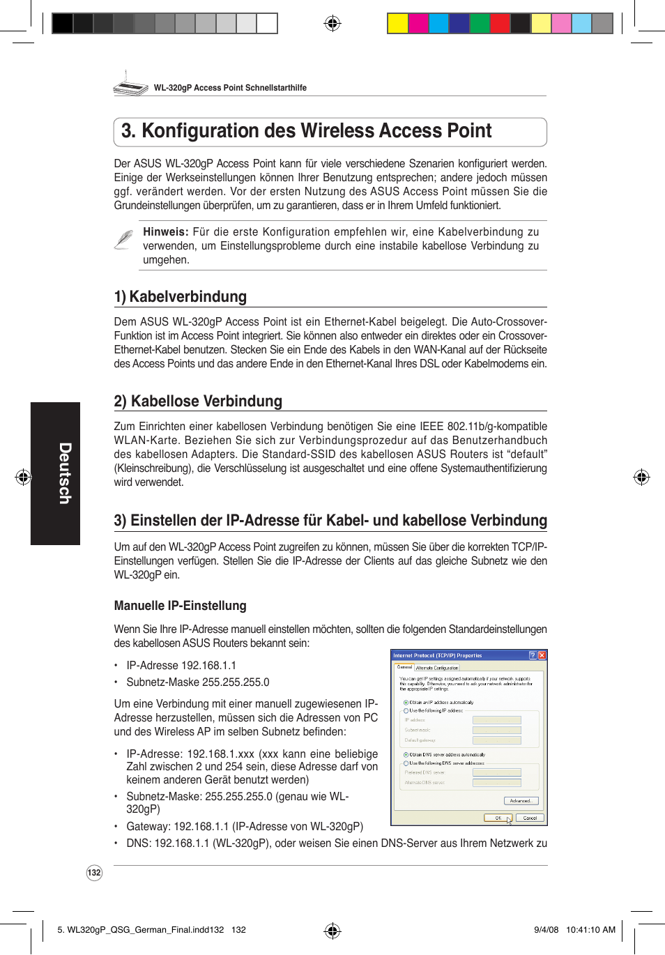 Konfiguration des wireless access point, Deutsch, 1) kabelverbindung | 2) kabellose verbindung | Asus WL-320gP User Manual | Page 133 / 379