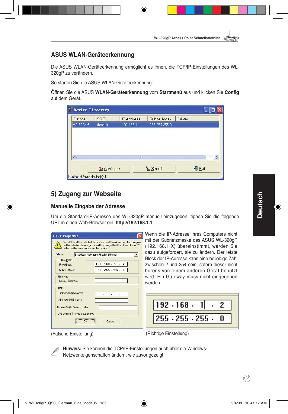 Deutsch, 5) zugang zur webseite, Asus wlan-geräteerkennung | Asus WL-320gP User Manual | Page 136 / 379