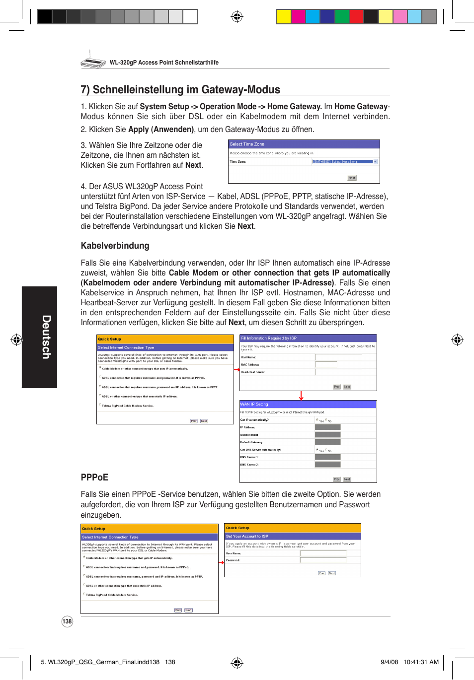 Deutsch 7) schnelleinstellung im gateway-modus | Asus WL-320gP User Manual | Page 139 / 379