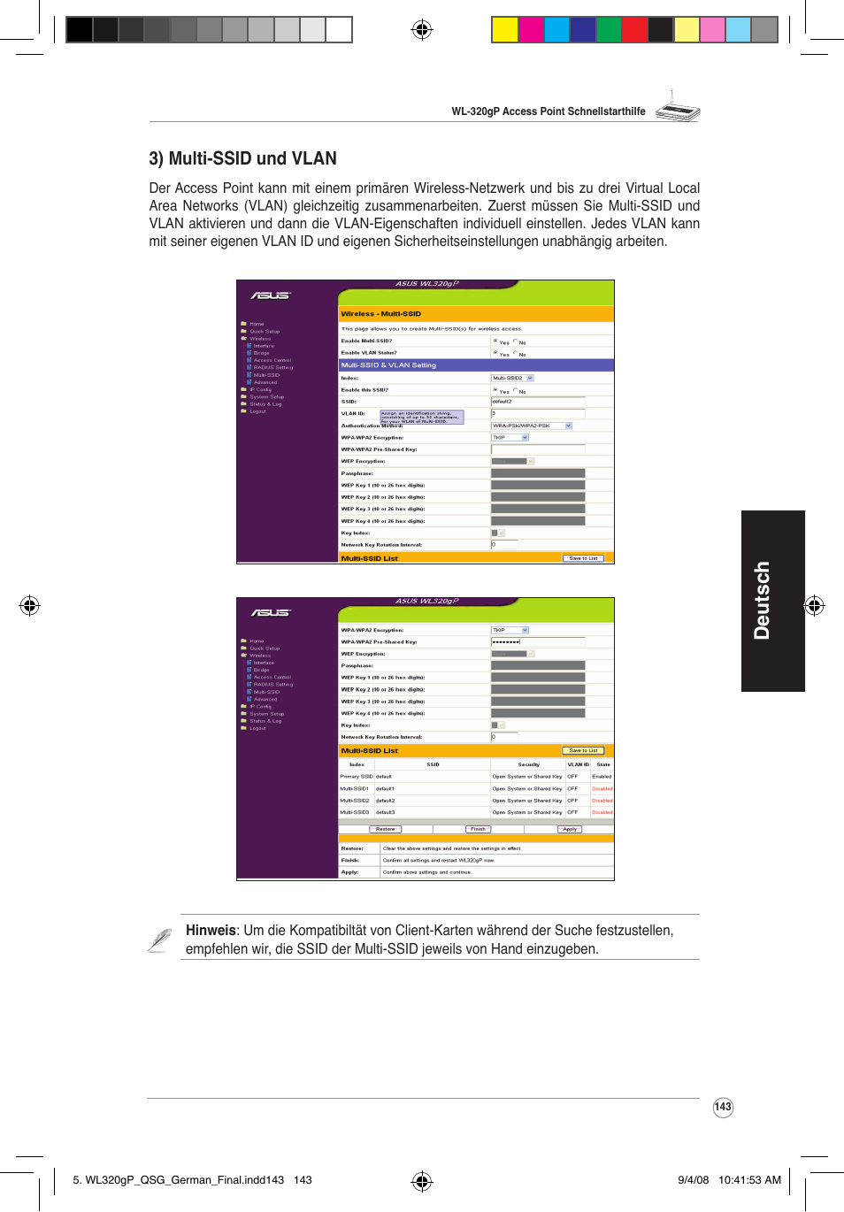 Deutsch, 3) multi-ssid und vlan | Asus WL-320gP User Manual | Page 144 / 379