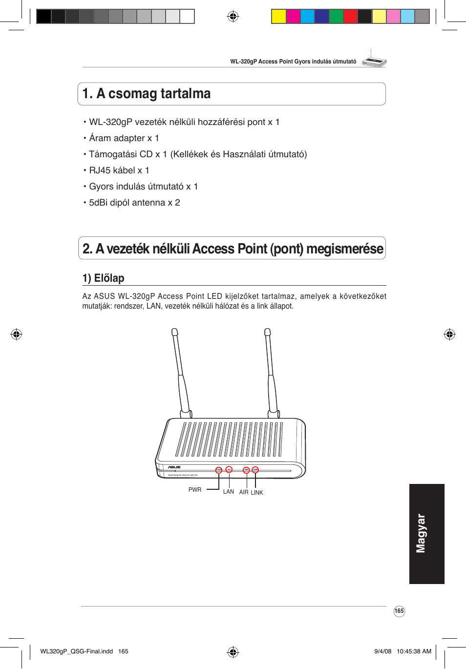 Magyar 1) előlap | Asus WL-320gP User Manual | Page 166 / 379