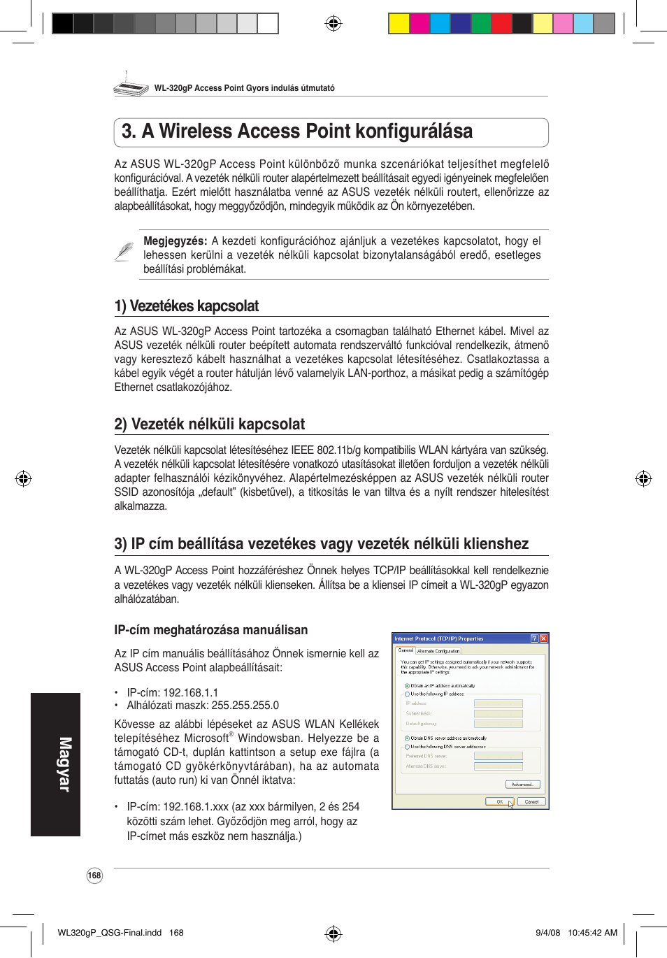 A wireless access point konfigurálása, Magyar, 1) vezetékes kapcsolat | 2) vezeték nélküli kapcsolat | Asus WL-320gP User Manual | Page 169 / 379