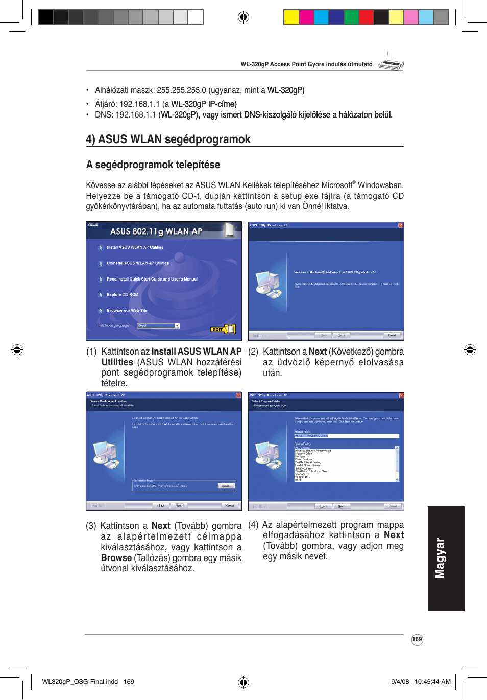 Magyar, 4) asus wlan segédprogramok | Asus WL-320gP User Manual | Page 170 / 379