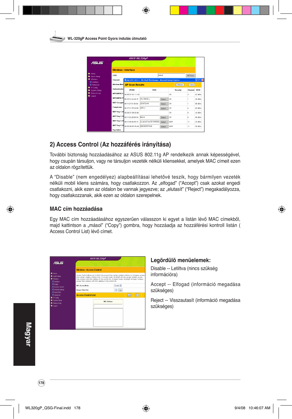 Magyar, 2) access control (az hozzáférés irányítása) | Asus WL-320gP User Manual | Page 179 / 379