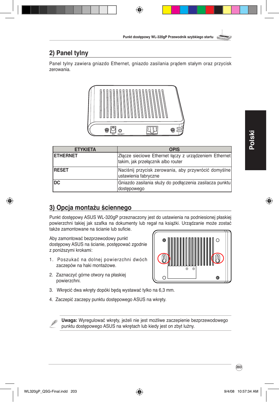 Polski 3) opcja montażu ściennego, 2) panel tylny | Asus WL-320gP User Manual | Page 204 / 379