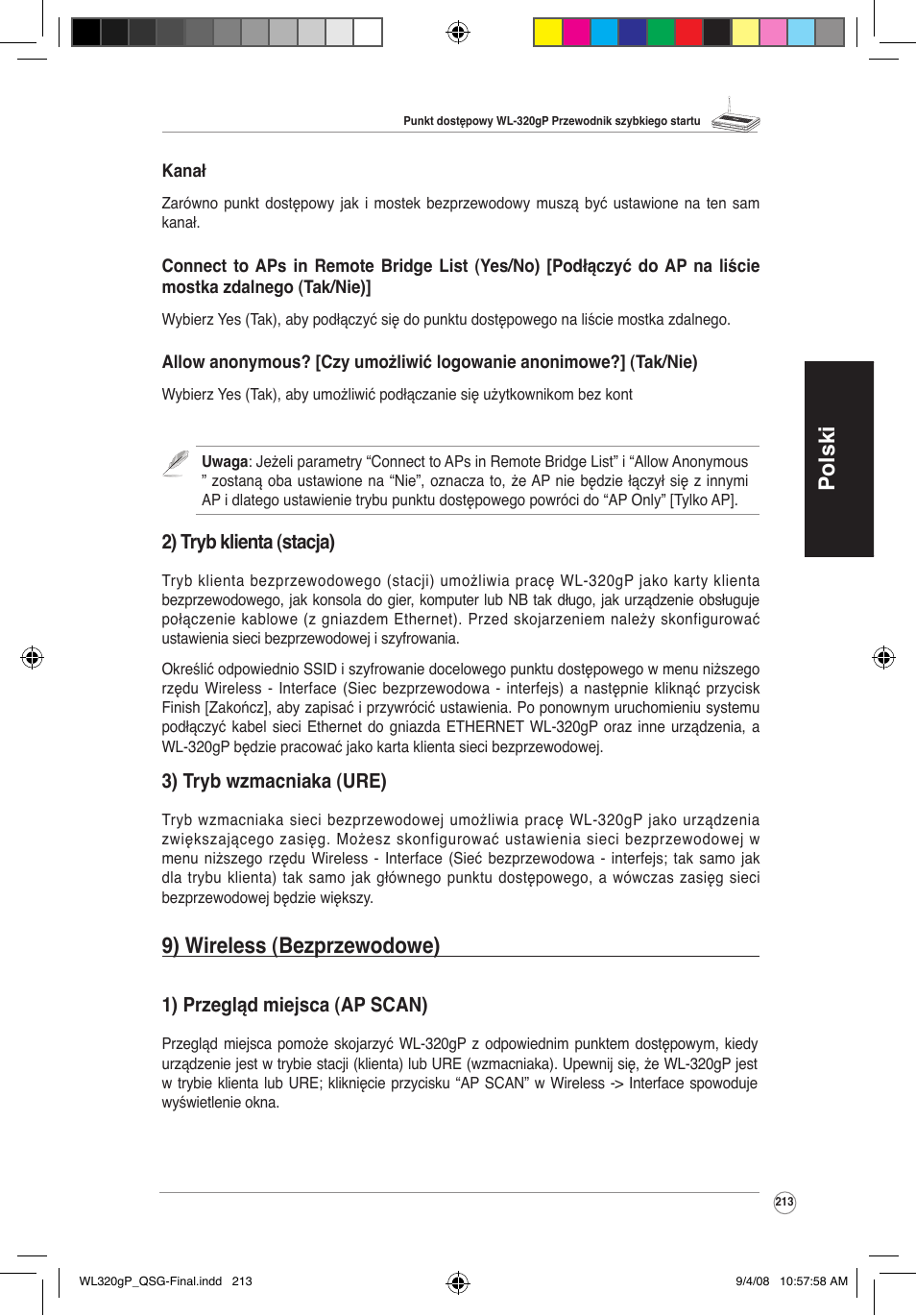 Polski, 9) wireless (bezprzewodowe), 2) tryb klienta (stacja) | 3) tryb wzmacniaka (ure), 1) przegląd miejsca (ap scan) | Asus WL-320gP User Manual | Page 214 / 379