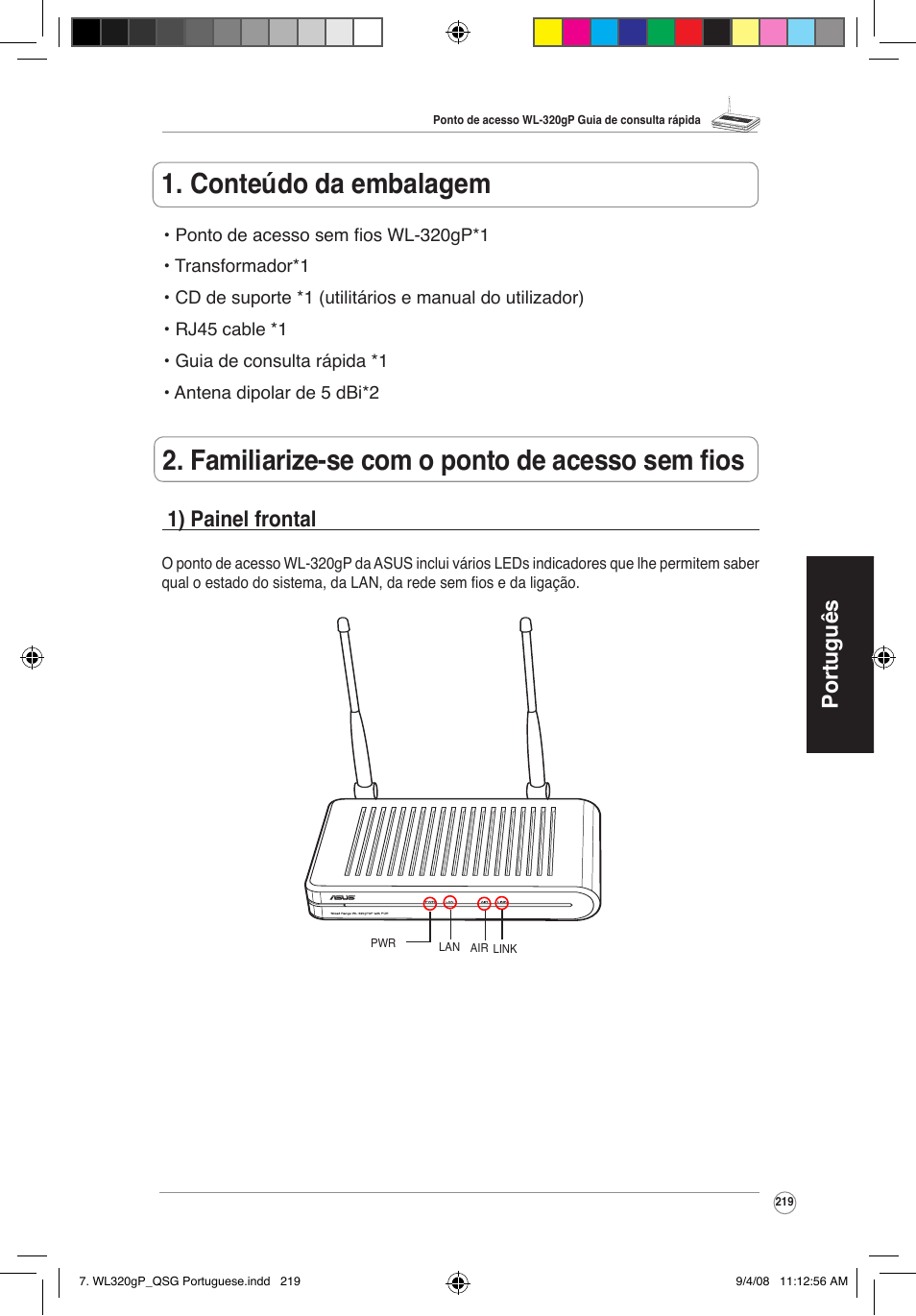 Português 1) painel frontal | Asus WL-320gP User Manual | Page 220 / 379