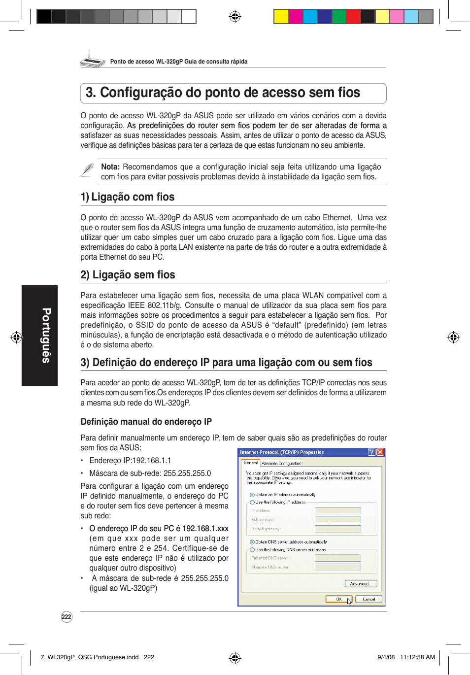 Configuração do ponto de acesso sem fios, Português, 1) ligação com fios | 2) ligação sem fios | Asus WL-320gP User Manual | Page 223 / 379