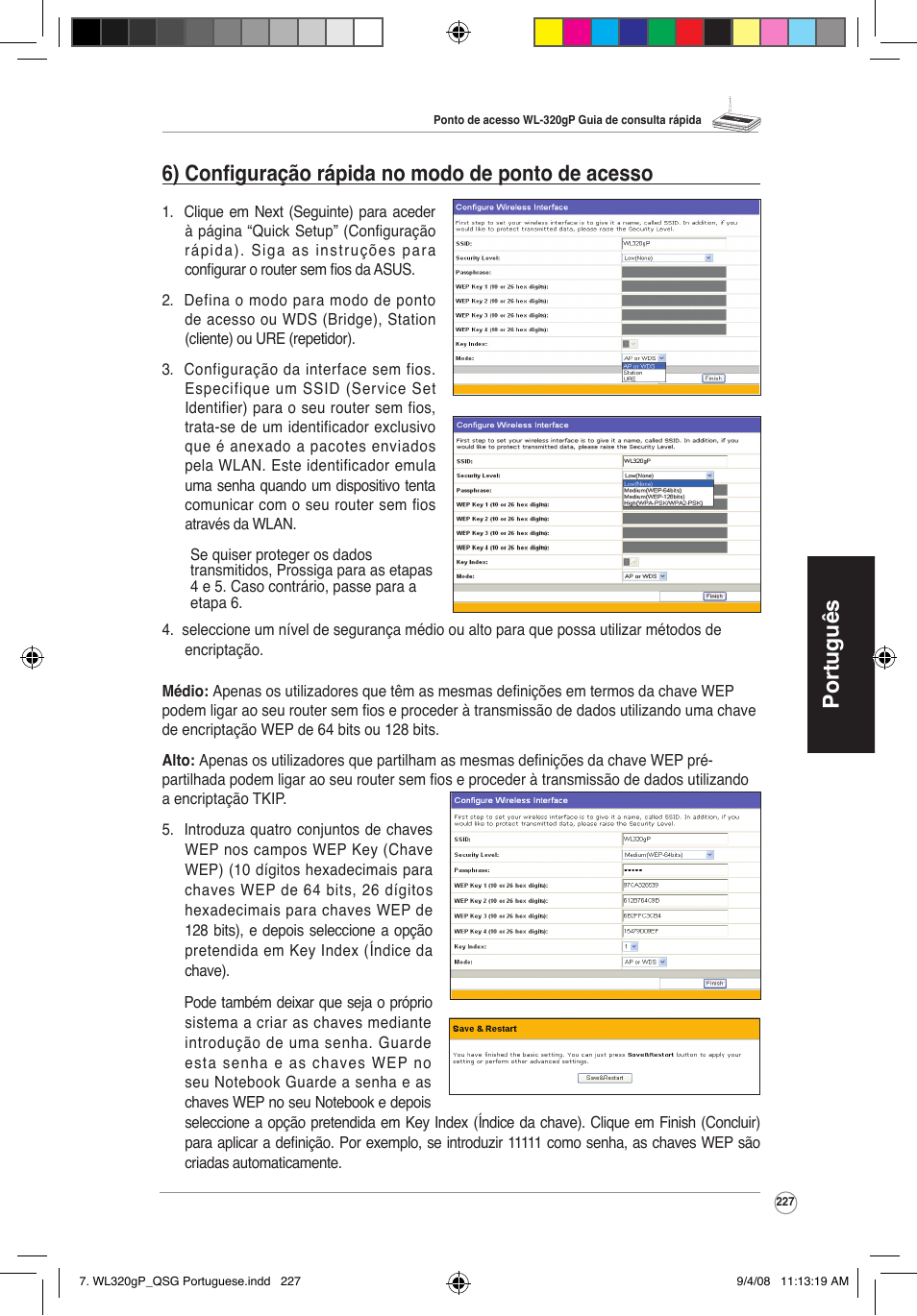 Português, 6) configuração rápida no modo de ponto de acesso | Asus WL-320gP User Manual | Page 228 / 379