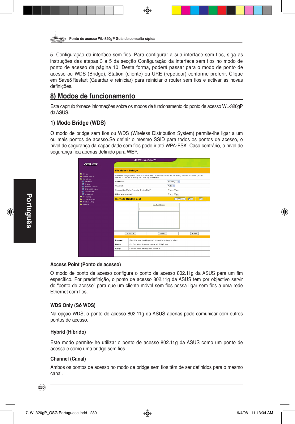 Português, Modos de funcionamento | Asus WL-320gP User Manual | Page 231 / 379