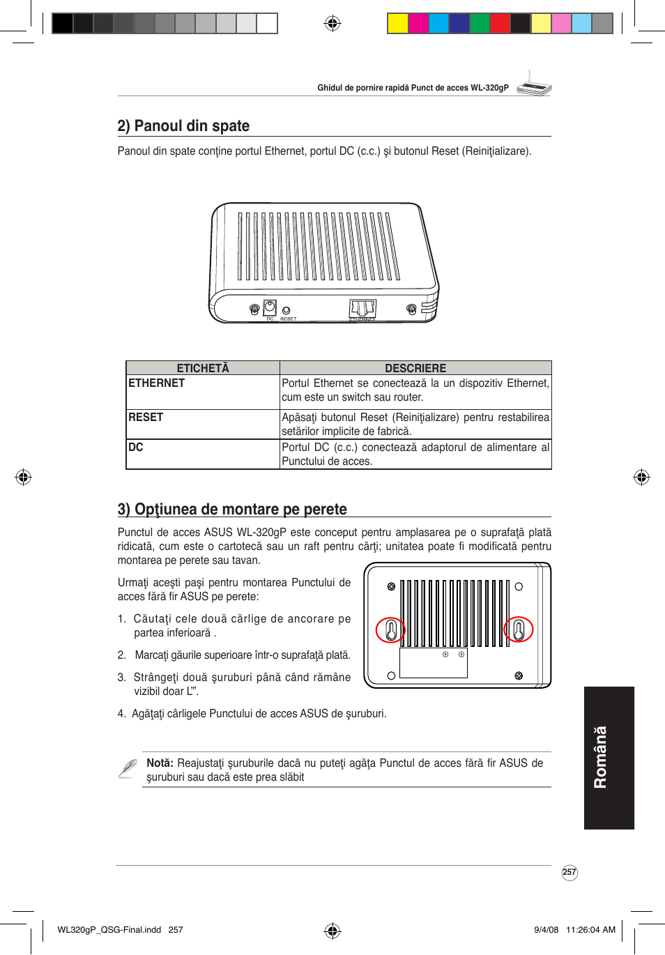 Română 3) opţiunea de montare pe perete, 2) panoul din spate | Asus WL-320gP User Manual | Page 258 / 379