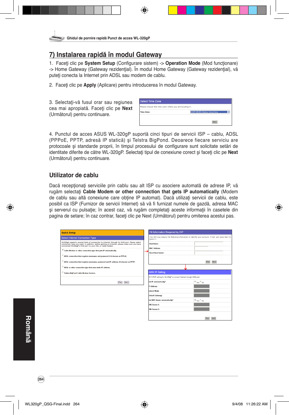 Română 7) instalarea rapidă în modul gateway, Utilizator de cablu | Asus WL-320gP User Manual | Page 265 / 379