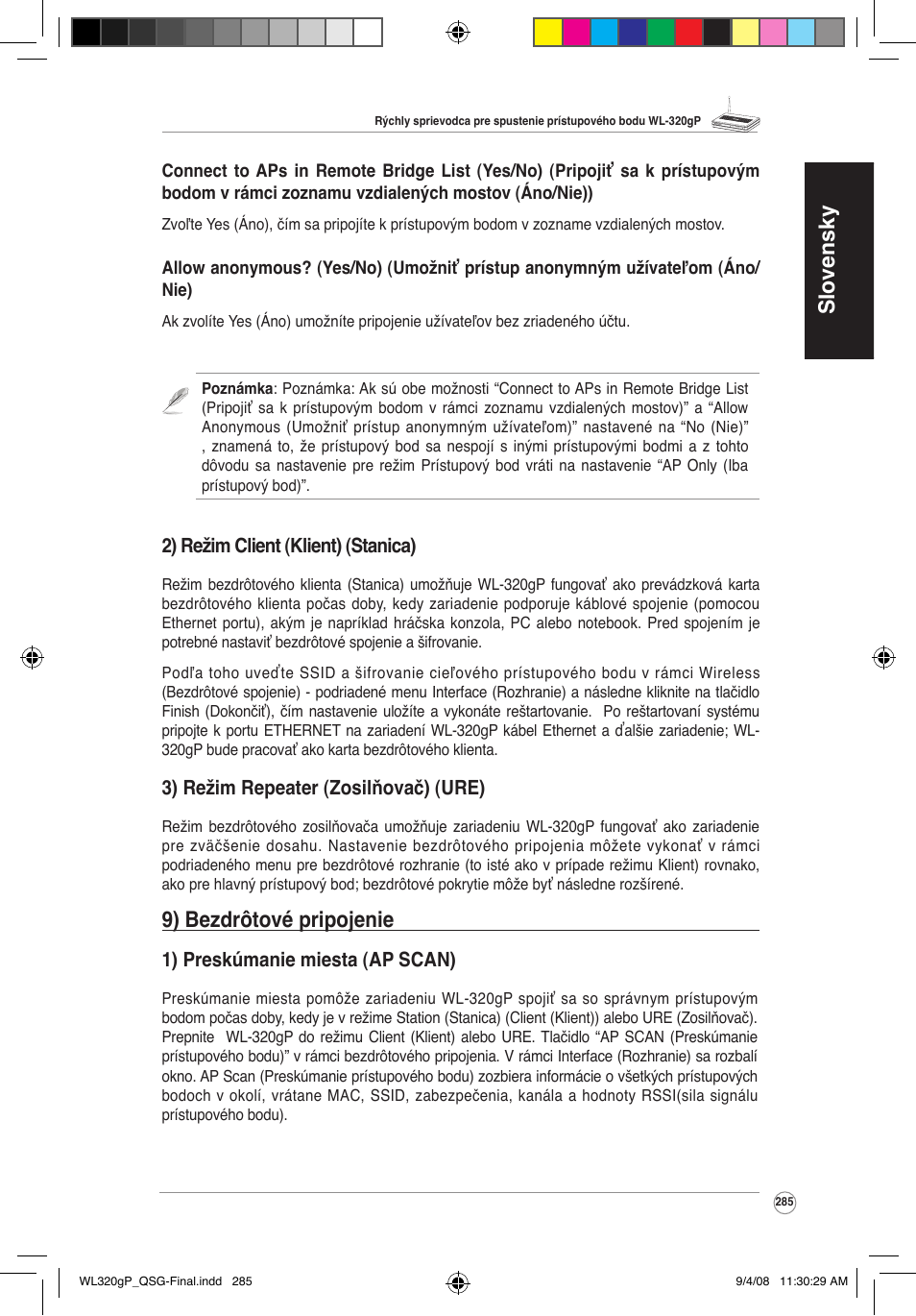 Slovensky, 9) bezdrôtové pripojenie, 2) režim client (klient) (stanica) | 3) režim repeater (zosilňovač) (ure), 1) preskúmanie miesta (ap scan) | Asus WL-320gP User Manual | Page 286 / 379