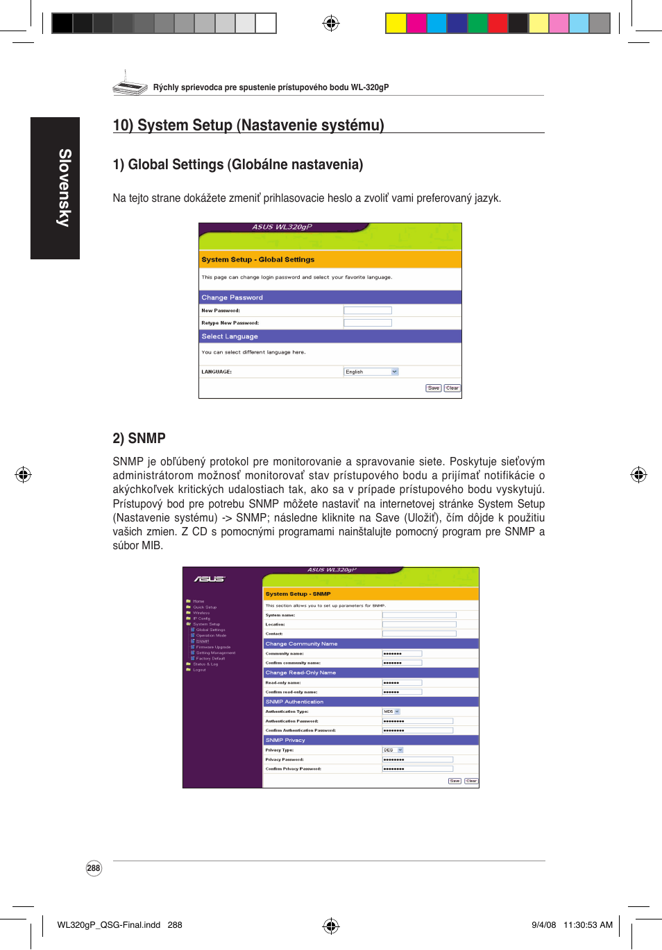 Slovensky 10) system setup (nastavenie systému), 1) global settings (globálne nastavenia), 2) snmp | Asus WL-320gP User Manual | Page 289 / 379