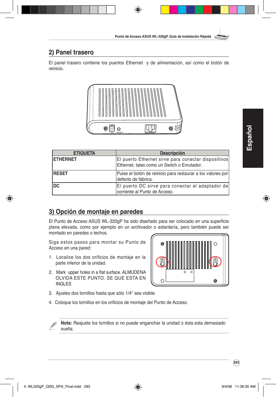 Español 3) opción de montaje en paredes, 2) panel trasero | Asus WL-320gP User Manual | Page 294 / 379