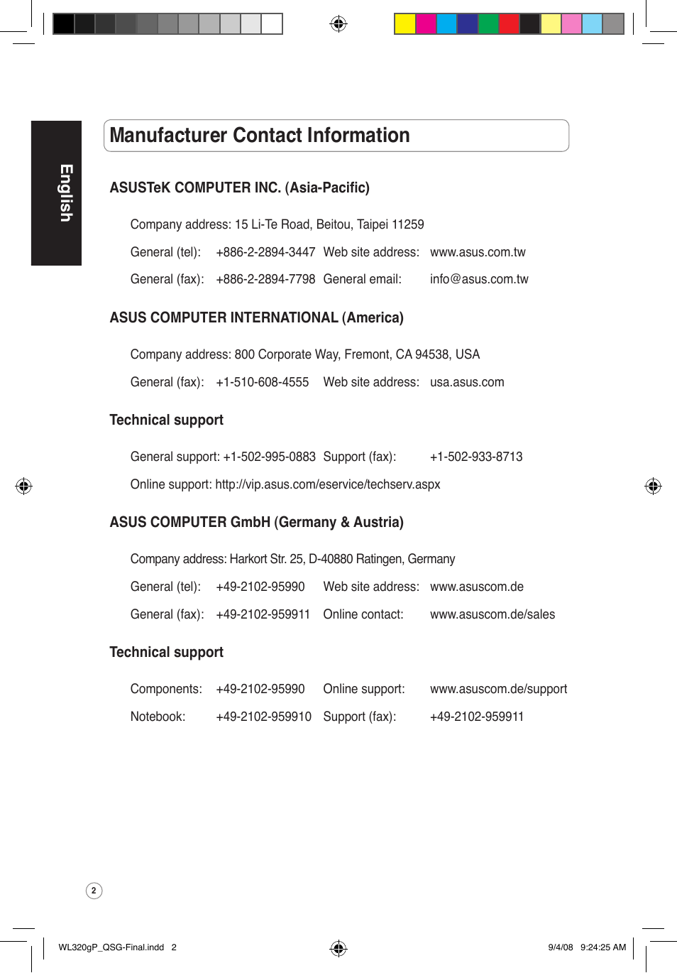 Manufacturer contact information, English | Asus WL-320gP User Manual | Page 3 / 379