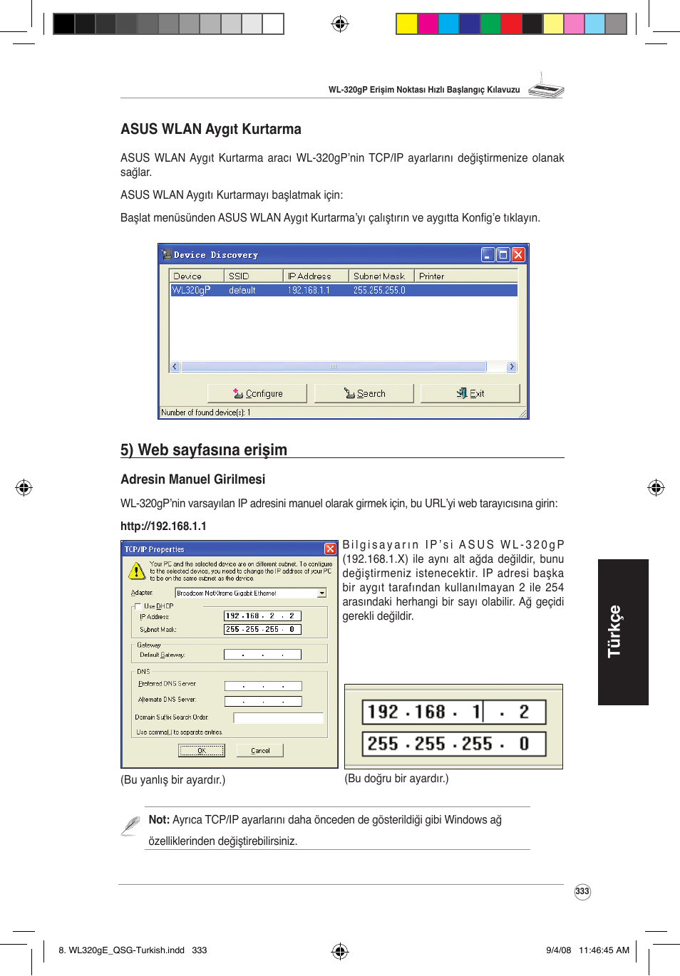 Türkçe, 5) web sayfasına erişim, Asus wlan aygıt kurtarma | Asus WL-320gP User Manual | Page 334 / 379