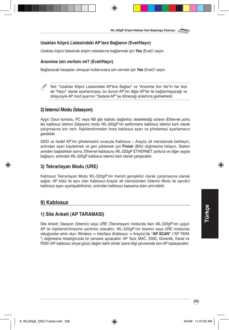 Türkçe, 9) kablosuz, 2) istemci modu (istasyon) | 3) tekrarlayan modu (ure), 1) site anketi (ap taramasi) | Asus WL-320gP User Manual | Page 340 / 379