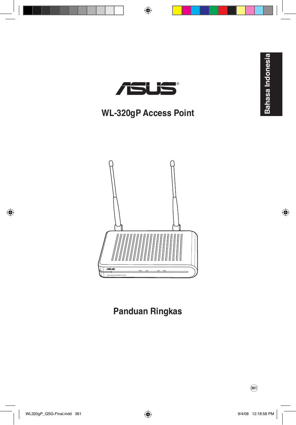 Panduan ringkas wl-320gp access point, Bahasa indonesia | Asus WL-320gP User Manual | Page 362 / 379