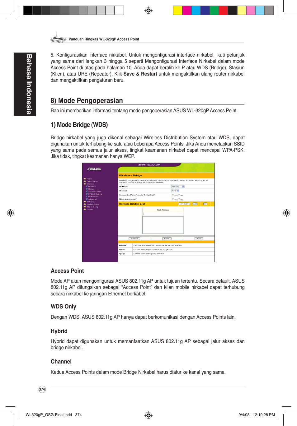 Bahasa indonesia, 8) mode pengoperasian, 1) mode bridge (wds) | Asus WL-320gP User Manual | Page 375 / 379