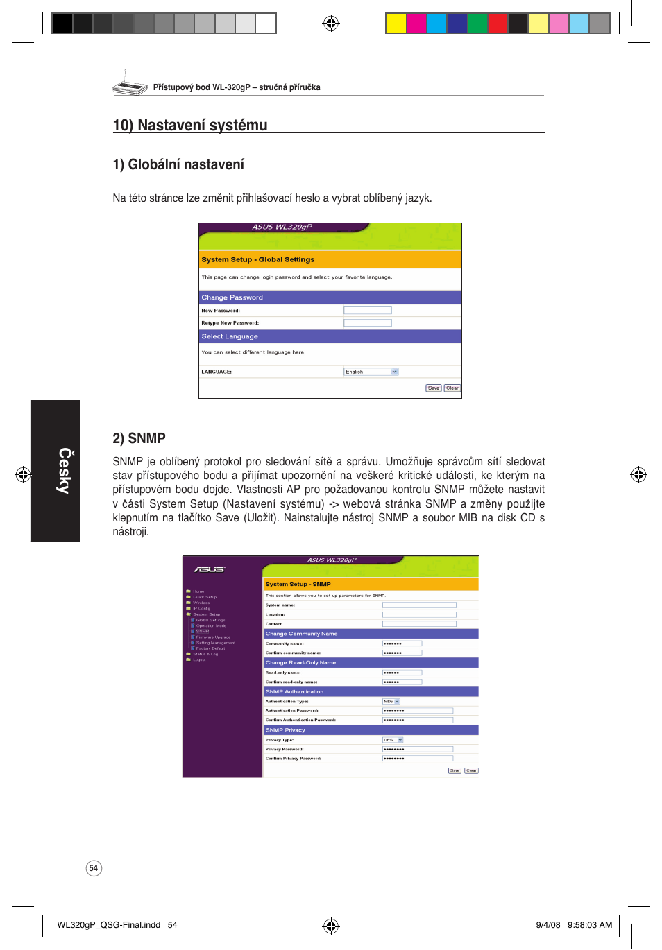 Česky 10) nastavení systému, 1) globální nastavení, 2) snmp | Asus WL-320gP User Manual | Page 55 / 379