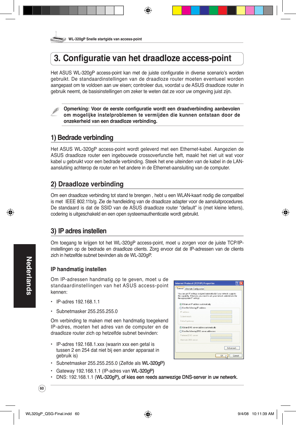 Configuratie van het draadloze access-point, Nederlands, 1) bedrade verbinding | 2) draadloze verbinding, 3) ip adres instellen | Asus WL-320gP User Manual | Page 61 / 379