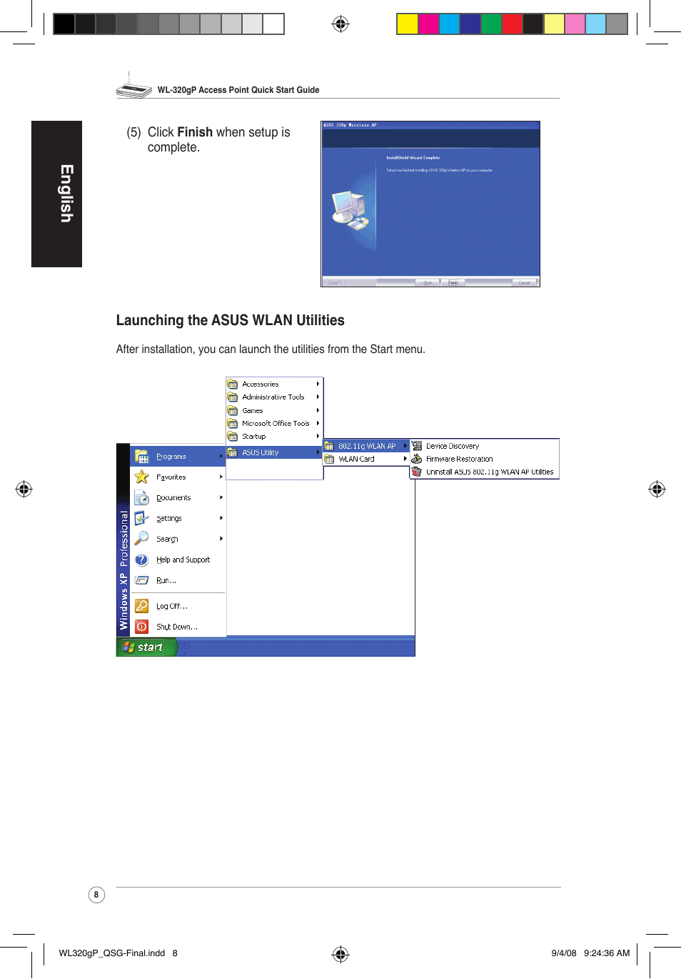 English, Launching the asus wlan utilities | Asus WL-320gP User Manual | Page 9 / 379