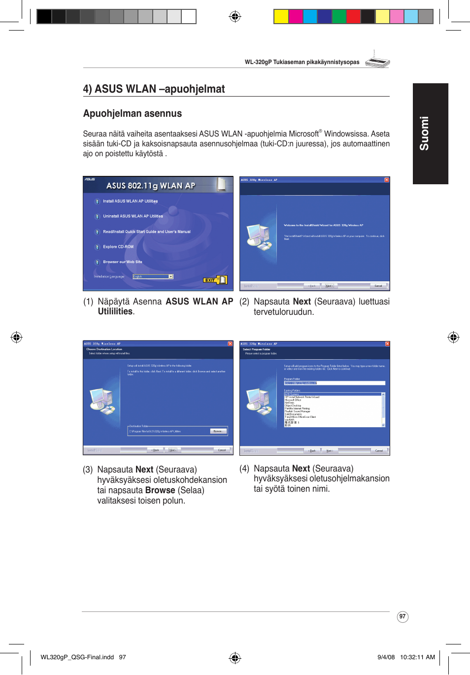 Suomi 4) asus wlan –apuohjelmat | Asus WL-320gP User Manual | Page 98 / 379