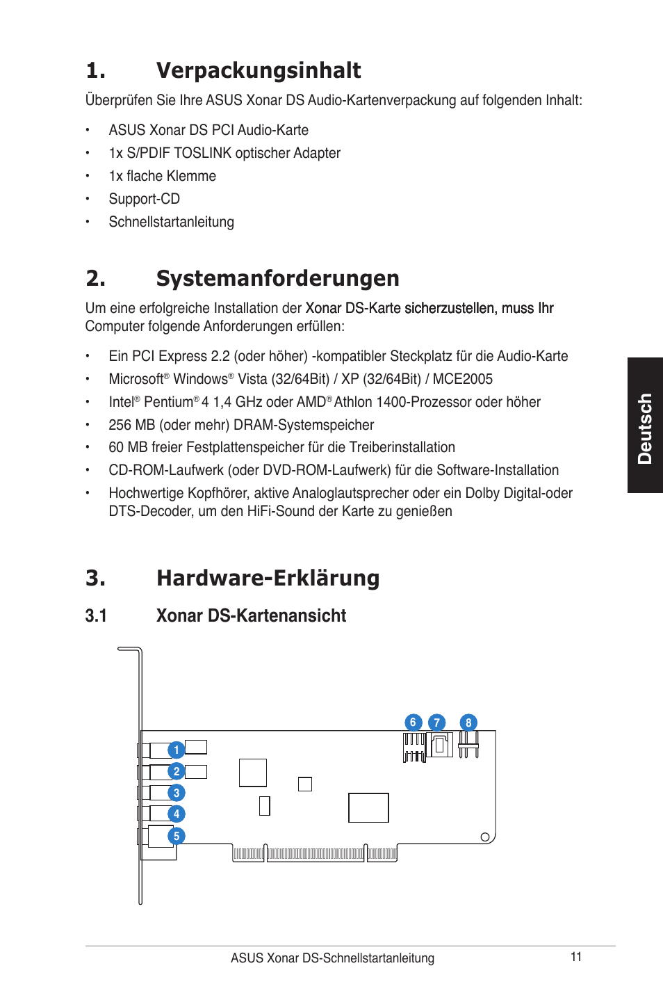 Verpackungsinhalt, Systemanforderungen, Hardware-erklärung | Deutsch, 1 xonar ds-kartenansicht | Asus Xonar DS User Manual | Page 11 / 33