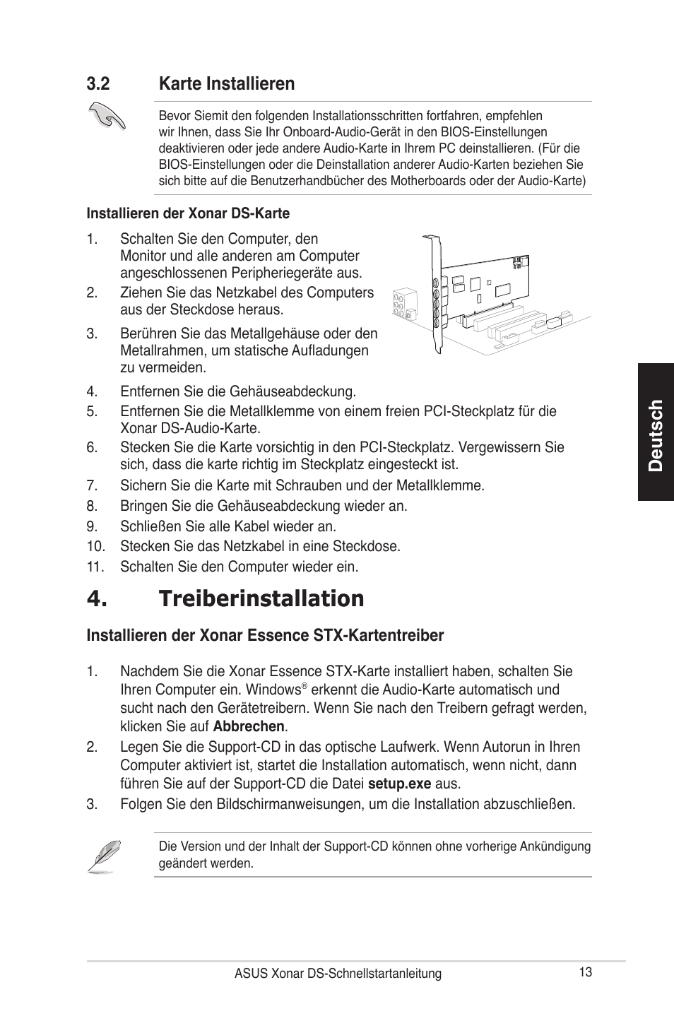 Treiberinstallation treiberinstallation, Deutsch, 2 karte installieren | Asus Xonar DS User Manual | Page 13 / 33