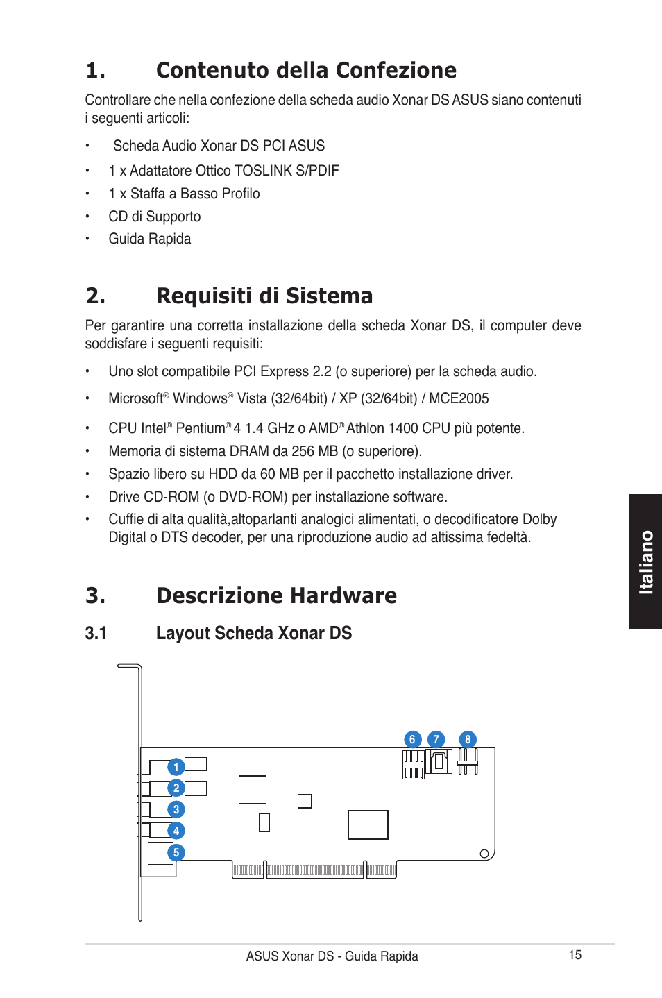 Contenuto della confezione, Requisiti di sistema, Descrizione hardware | Italiano, 1 layout scheda xonar ds | Asus Xonar DS User Manual | Page 15 / 33