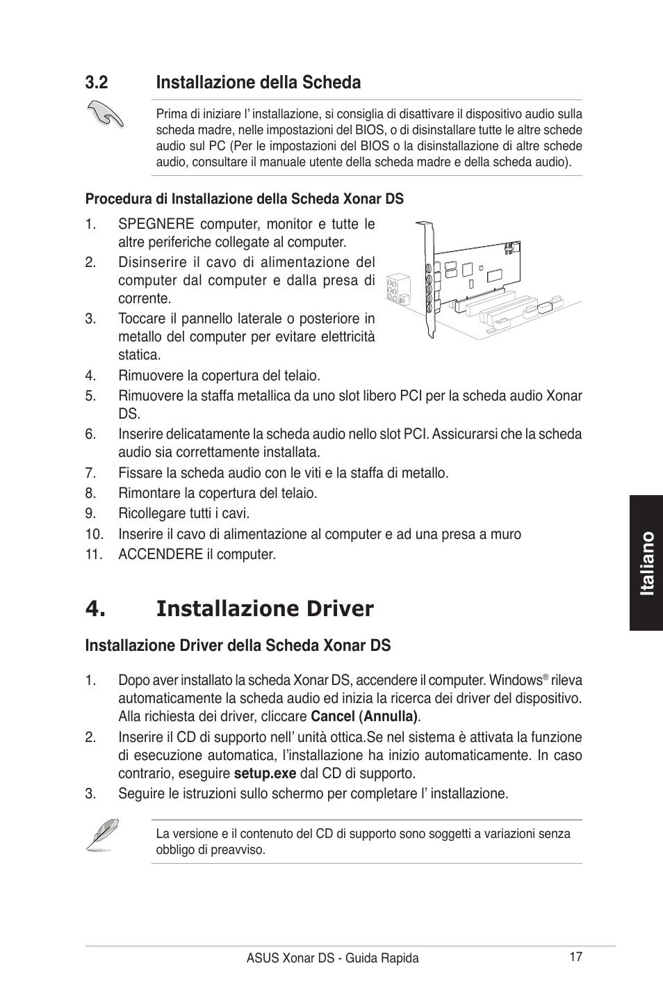 Installazione driver, Italiano, 2 installazione della scheda | Asus Xonar DS User Manual | Page 17 / 33