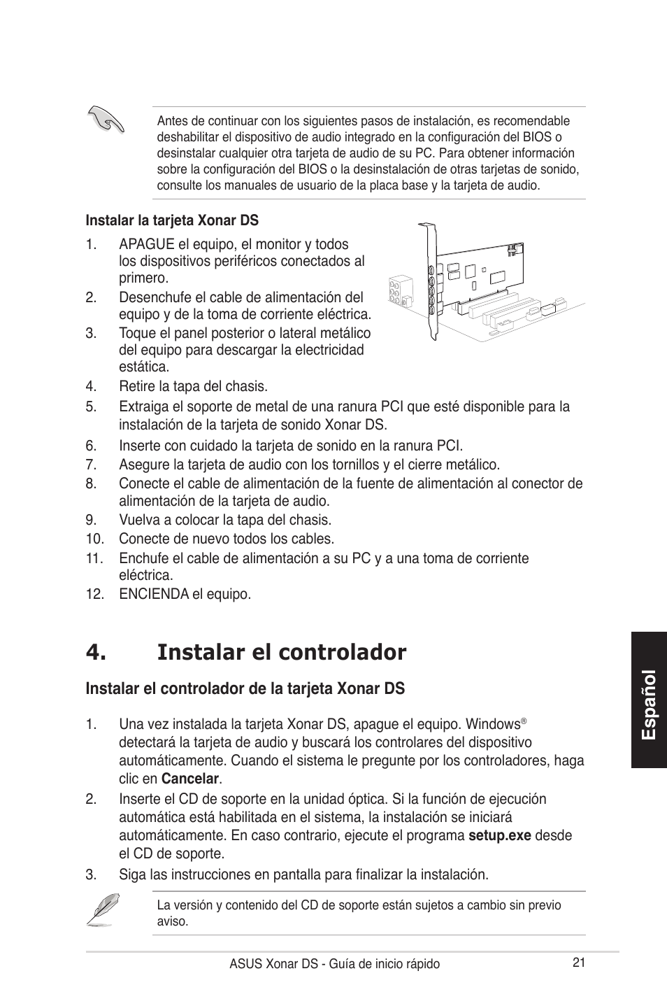 Instalar el controlador, Español, Instalar el controlador de la tarjeta xonar ds | Asus Xonar DS User Manual | Page 21 / 33