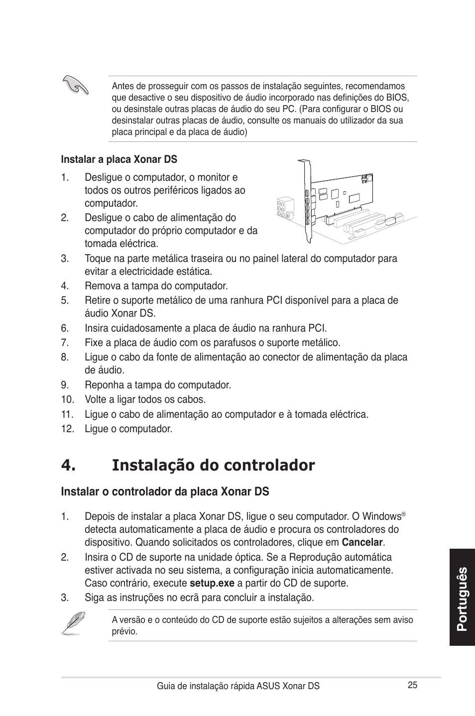 Instalação do controlador, Português, Instalar o controlador da placa xonar ds | Asus Xonar DS User Manual | Page 25 / 33