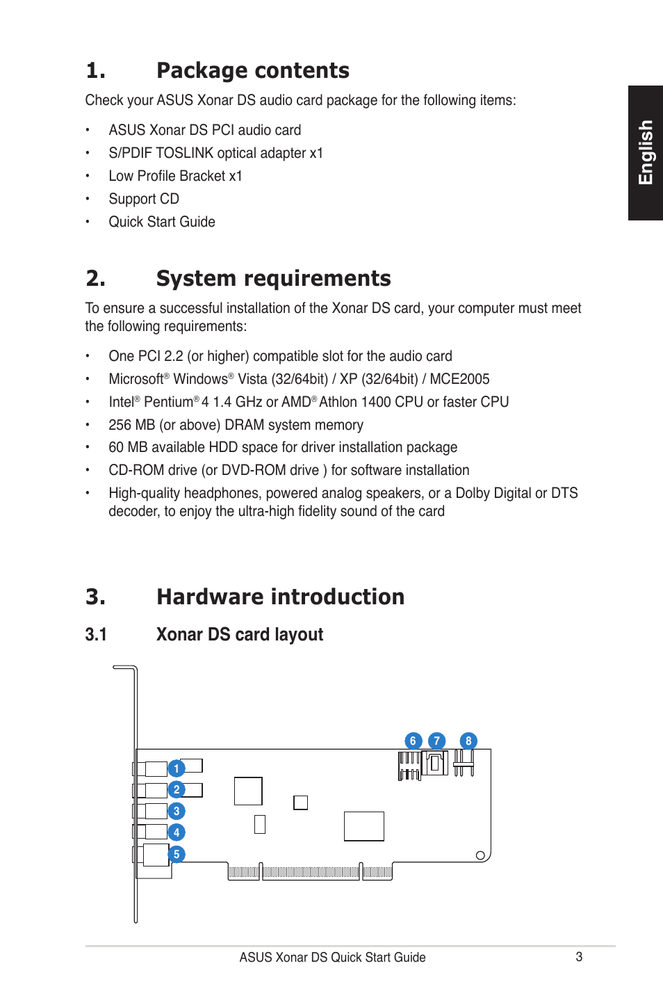 Package contents, System requirements, Hardware introduction | English, 1 xonar ds card layout | Asus Xonar DS User Manual | Page 3 / 33