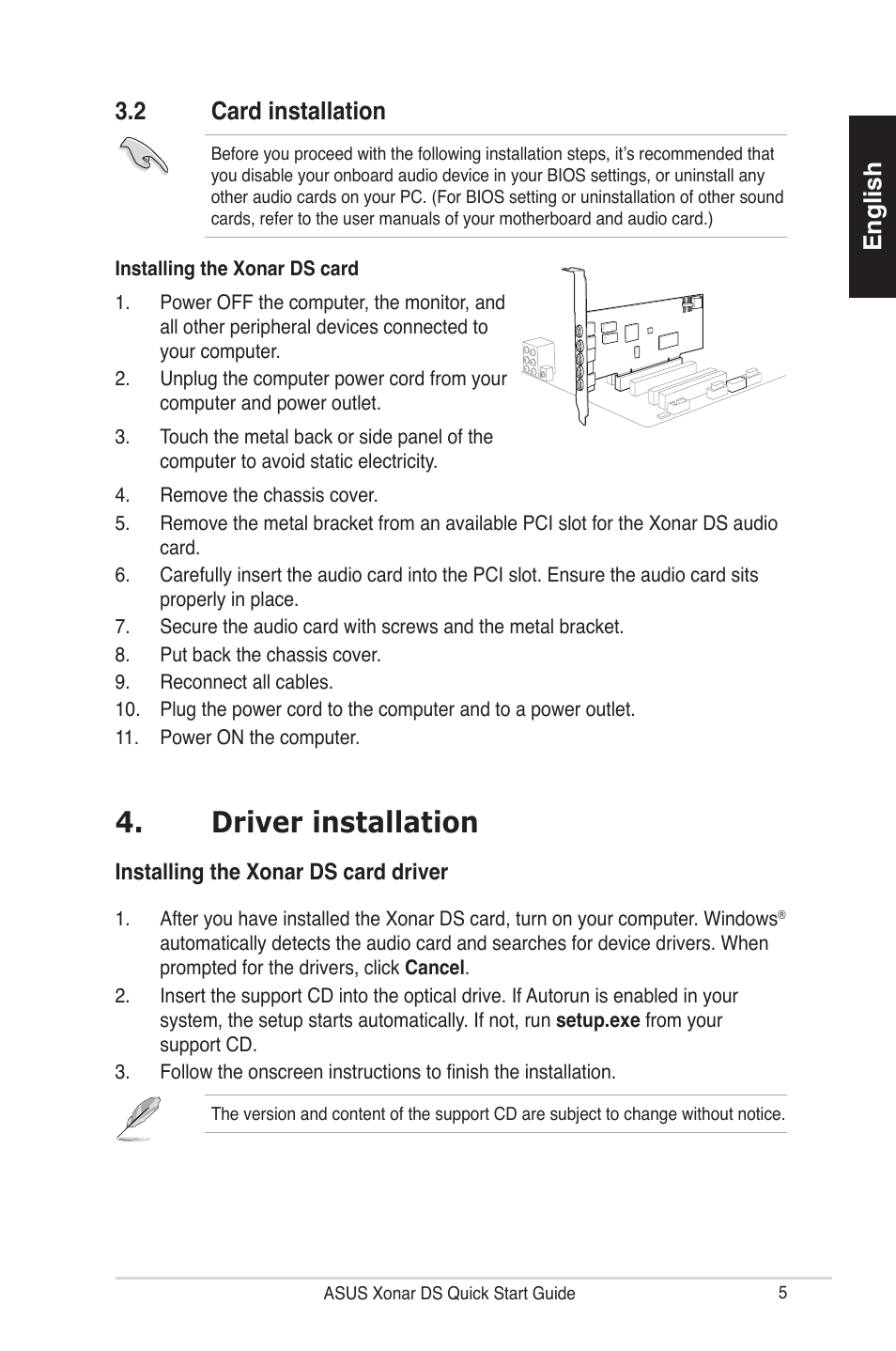 Driver installation, English 3.2 card installation | Asus Xonar DS User Manual | Page 5 / 33