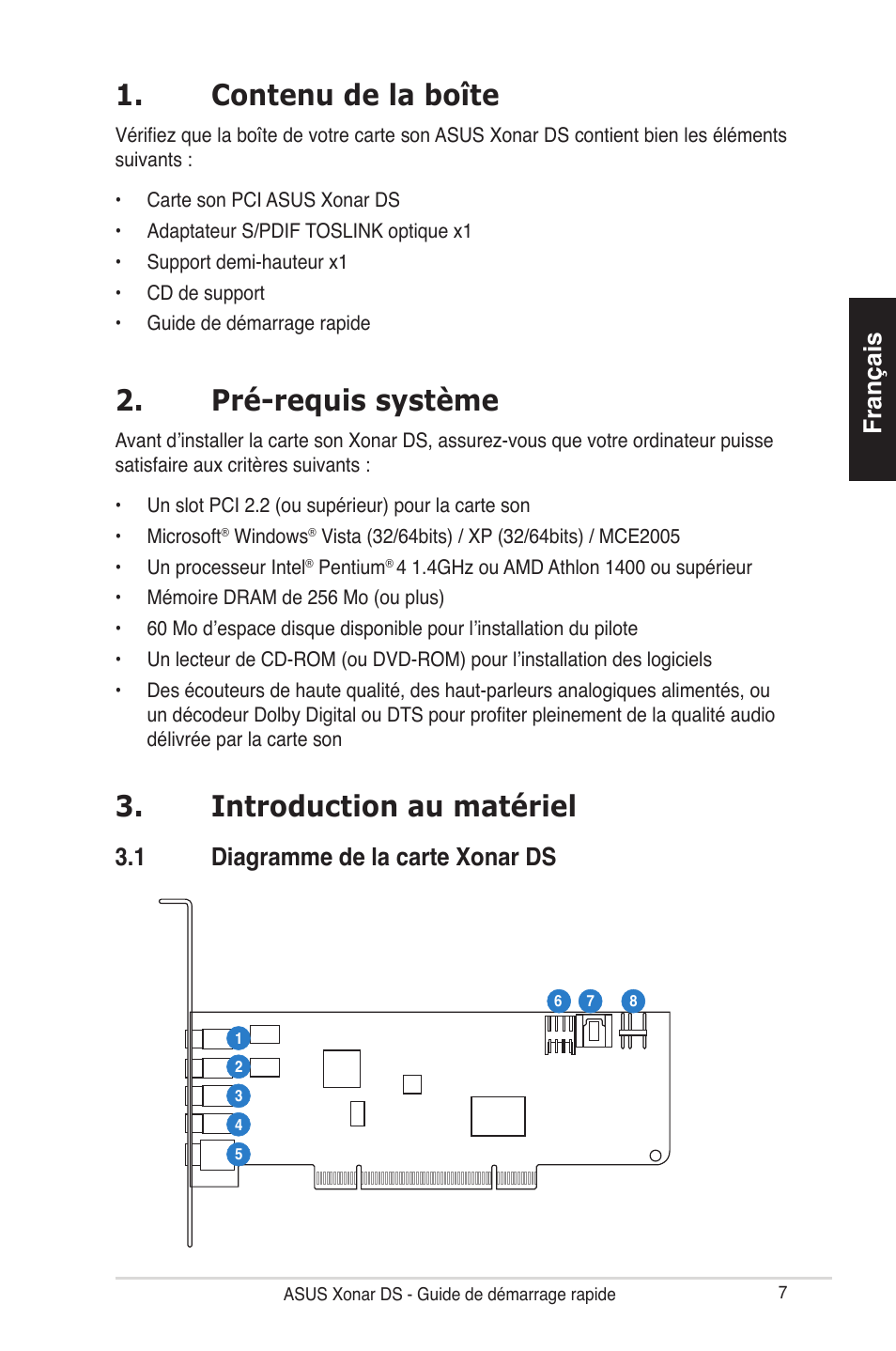 Contenu de la boîte, Pré-requis système, Introduction au matériel | Français, 1 diagramme de la carte xonar ds | Asus Xonar DS User Manual | Page 7 / 33