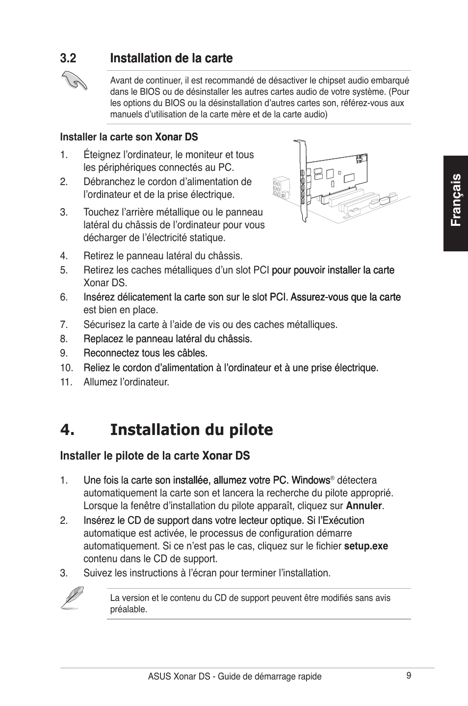 Installation du pilote installation du pilote | Asus Xonar DS User Manual | Page 9 / 33