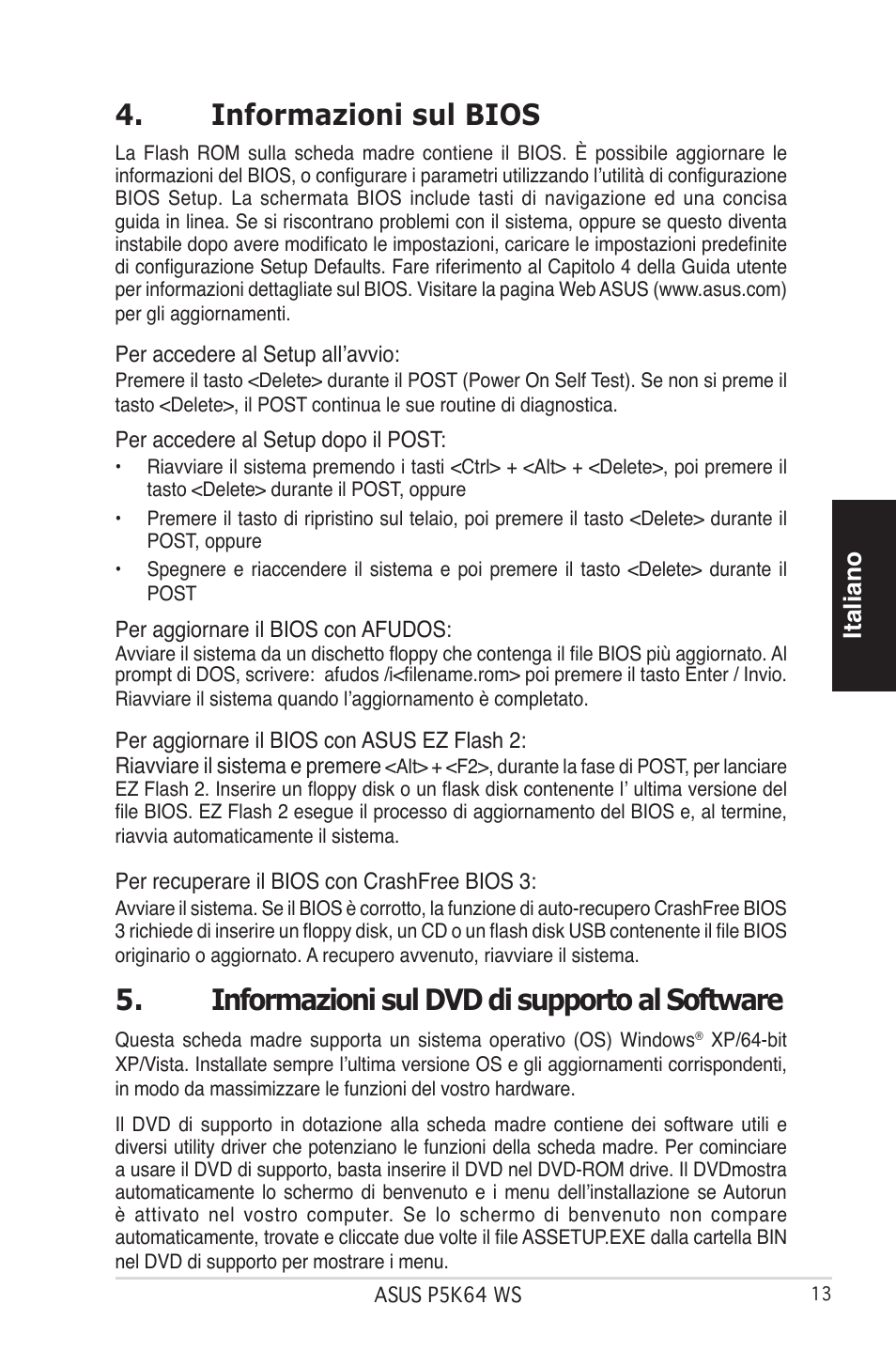 Informazioni sul bios, Informazioni sul dvd di supporto al software, Italiano | Asus P5K64 WS User Manual | Page 13 / 37