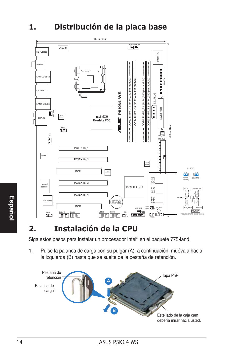 Español, Asus p5k64 ws, Siga estos pasos para instalar un procesador intel | Ab b, P5k64 ws | Asus P5K64 WS User Manual | Page 14 / 37