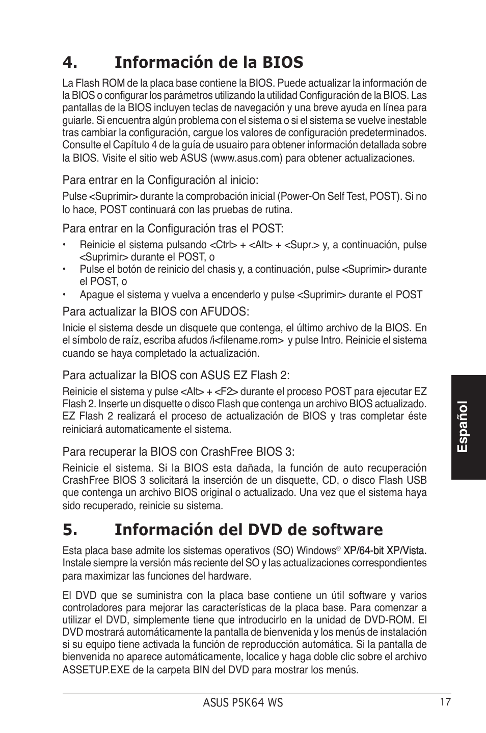 Información de la bios, Información del dvd de software, Español | Asus P5K64 WS User Manual | Page 17 / 37