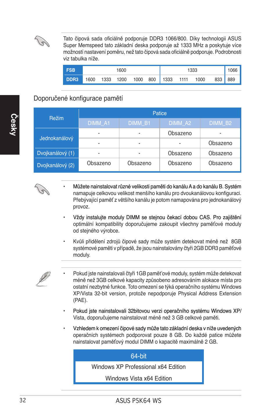 Česky, Doporučené konfigurace pamětí | Asus P5K64 WS User Manual | Page 24 / 37